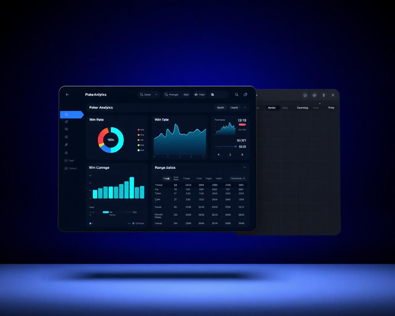 Runout Poker analytics dashboard showing win-rate charts and a GTO range grid