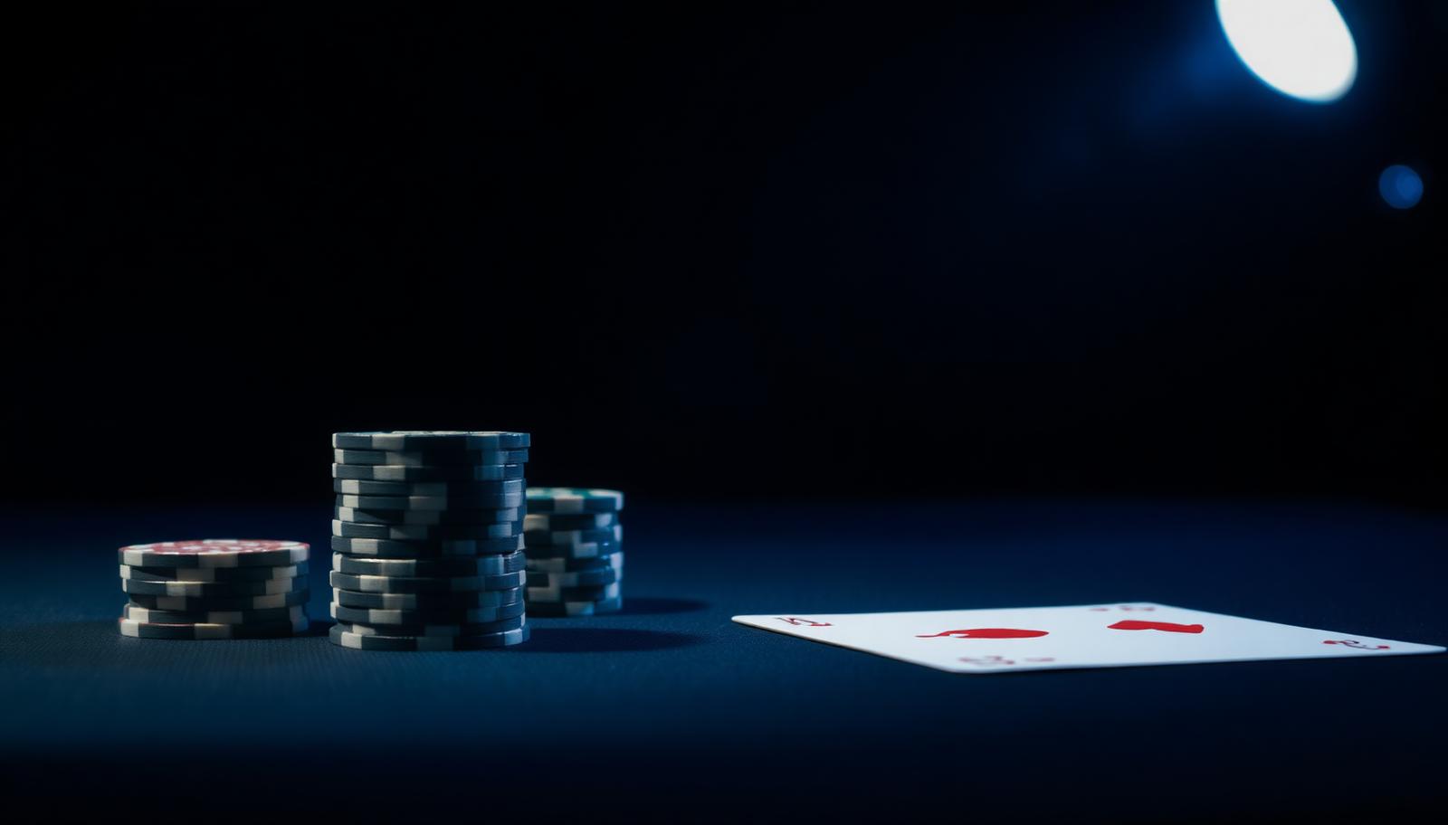Poker chips and cards on a dark felt table under a soft blue spotlight