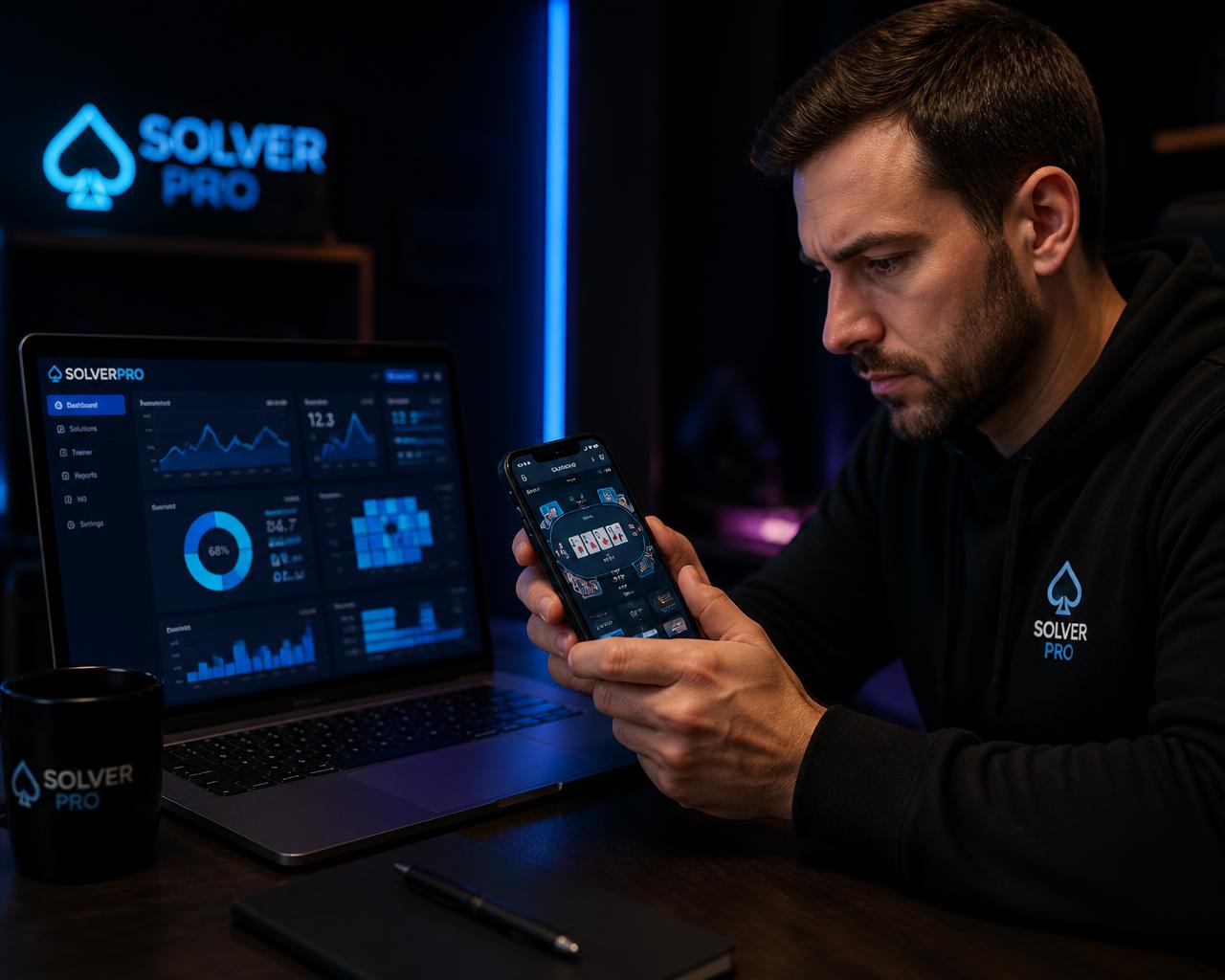 Poker player training with an AI-powered poker app on phone and laptop