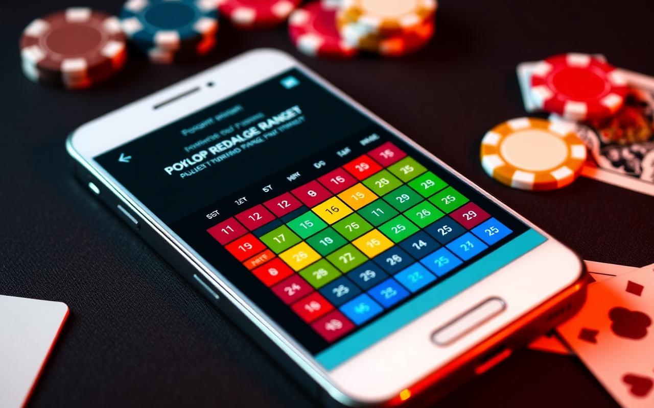 Poker preflop range chart displayed on a smartphone next to poker chips and cards