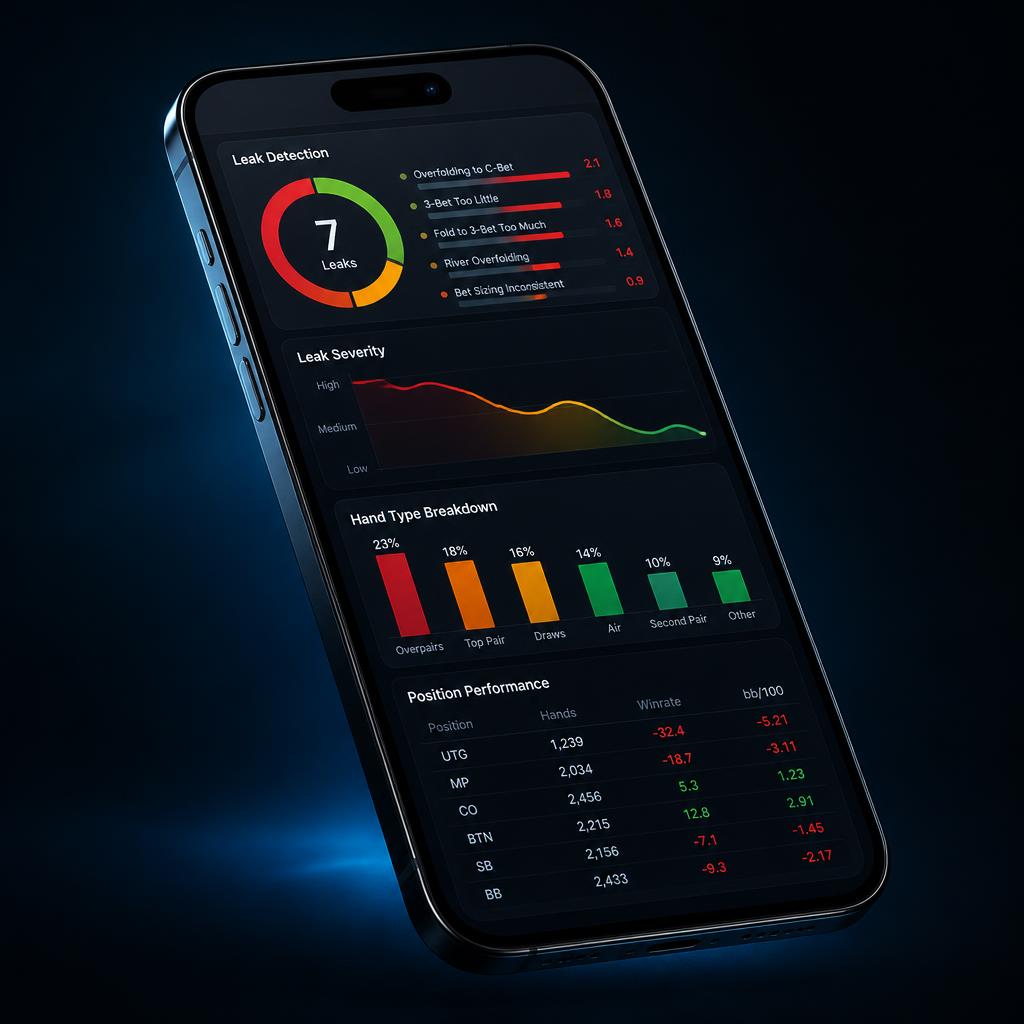 Runout leak detection analytics dashboard showing leak severity, hand type breakdown, and position performance on a mobile device