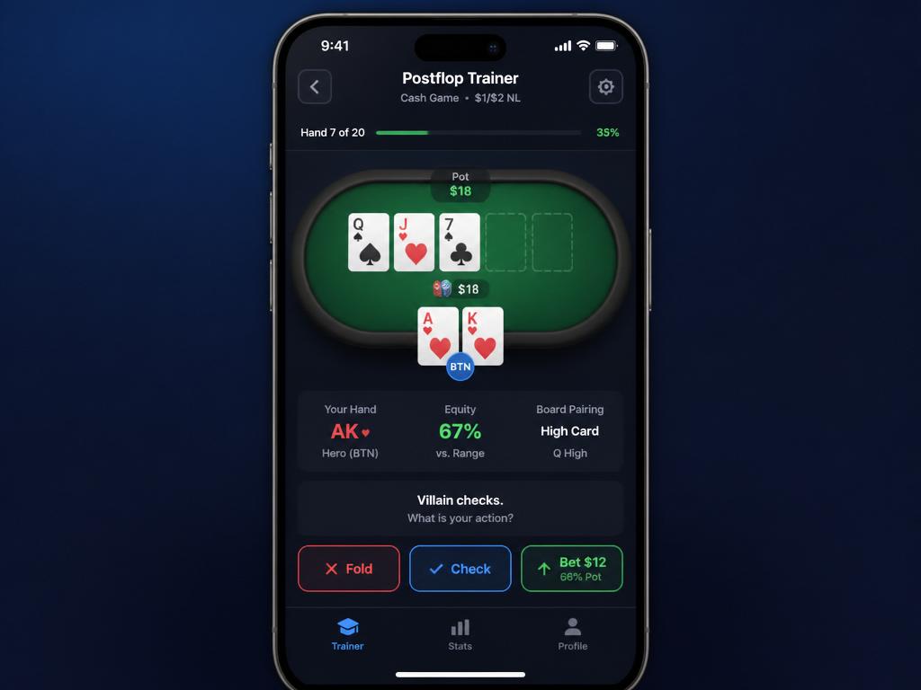 Postflop Poker Trainer mobile app interface showing a flop decision with equity and action buttons